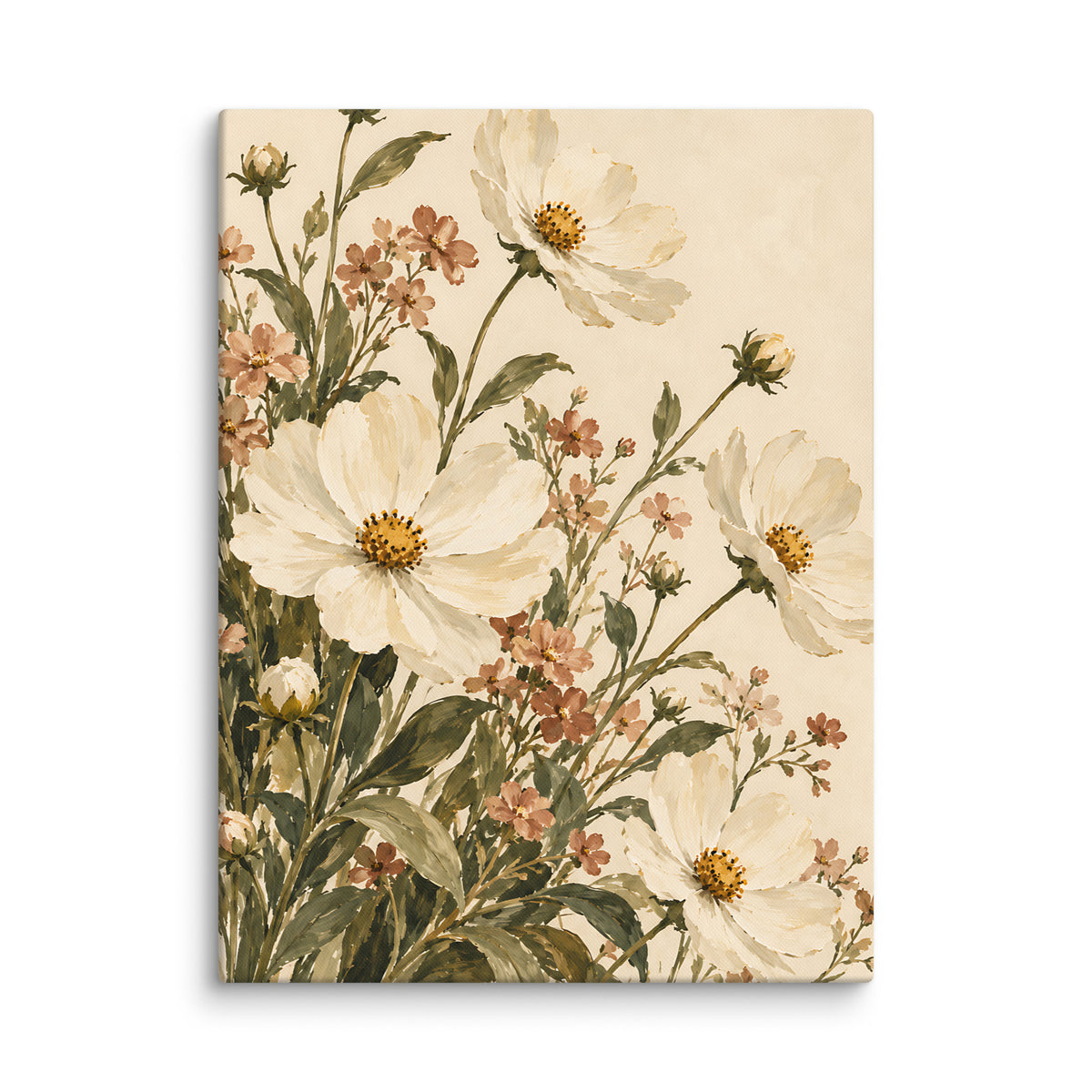 Meadow Reverie canvas print, 24 × 32 inches, showing ivory flowers, clay accents and olive foliage