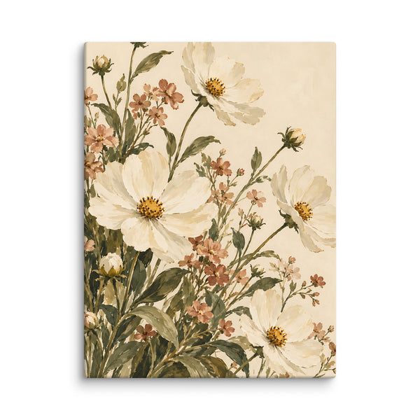 Meadow Reverie canvas print, 24 × 32 inches, showing ivory flowers, clay accents and olive foliage
