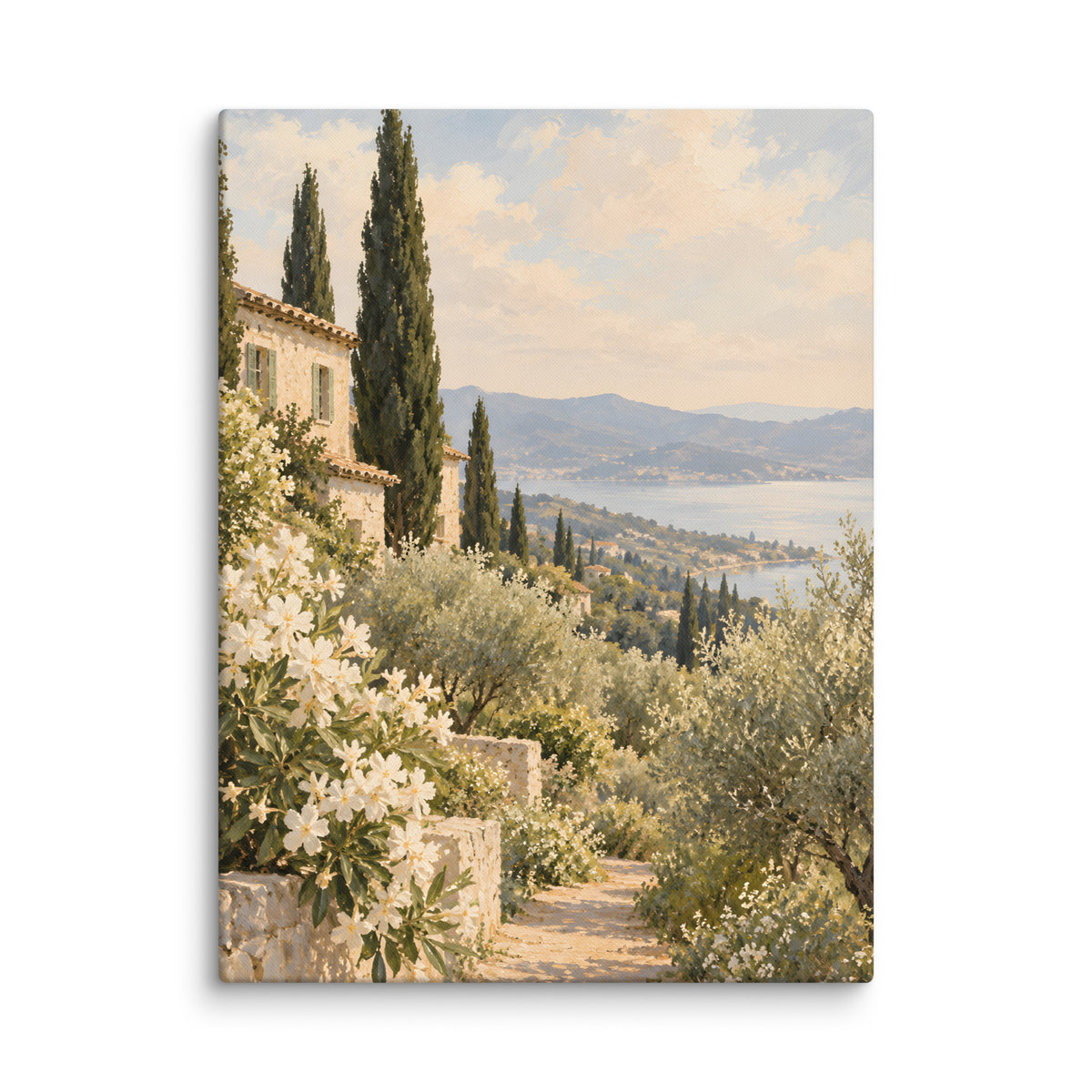 Golden Stillness canvas print, 24 × 32 inches, showing a Mediterranean villa, cypress trees and blue water