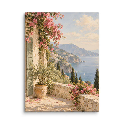 Amalfi Bloom canvas print, 24 × 32 inches, showing a sunny terrace, bougainvillea and blue sea