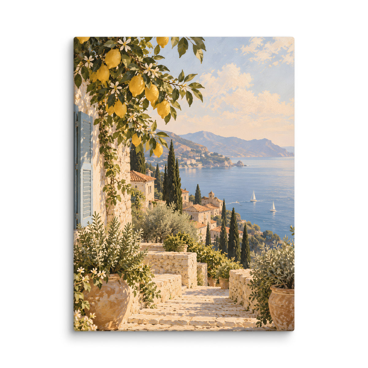 Lemon Coast canvas print, 24 × 32 inches, showing lemon branches, white walls and a calm blue sea