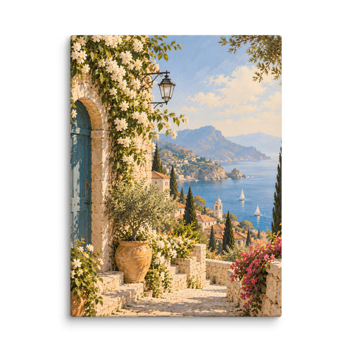 Azure Passage canvas print, 24 × 32 inches, showing a stone walkway, flowering vines and a blue-green door