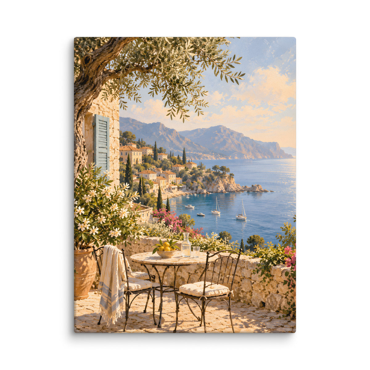 Olive Bay canvas print, 24 × 32 inches, showing an olive tree and stone terrace overlooking a blue bay