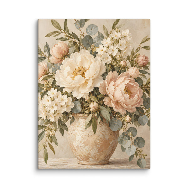 Ivory Garden canvas print, 24 × 32 inches, showing ivory and blush flowers in a ceramic vase