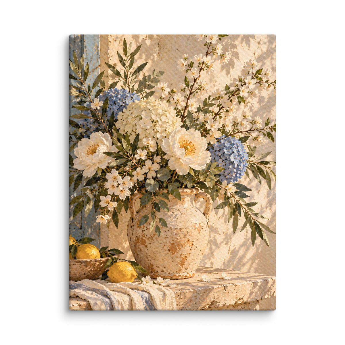 Blue Blossom canvas print, 24 × 32 inches, showing ivory blooms and muted blue hydrangeas