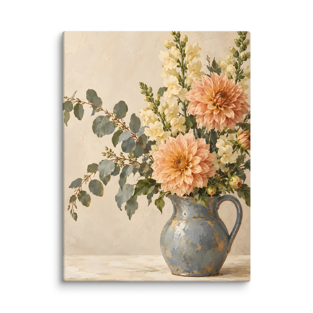 Apricot Reverie canvas print, 24 × 32 inches, showing apricot dahlias and ivory flowers in a blue pitcher