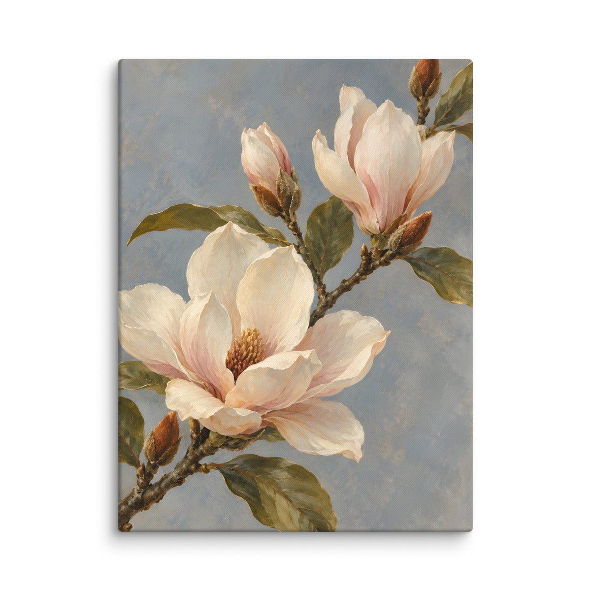 Magnolia Drift canvas print, 24 × 32 inches, showing ivory magnolia blossoms against dusty blue