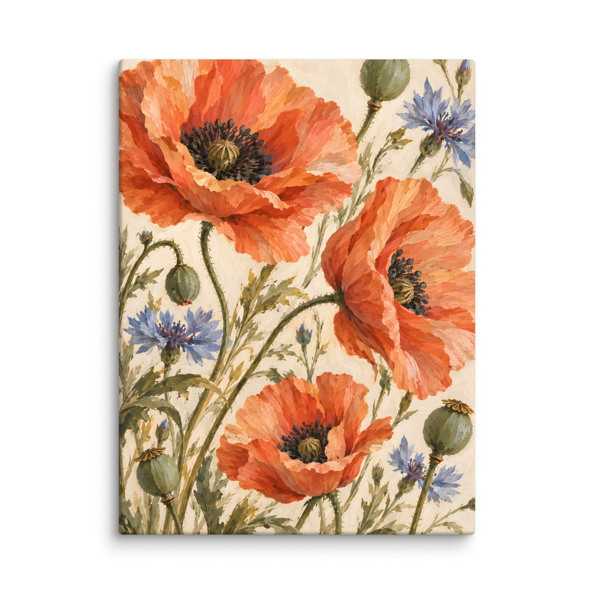 Terracotta Meadow canvas print, 24 × 32 inches, showing terracotta poppies and delicate blue cornflowers