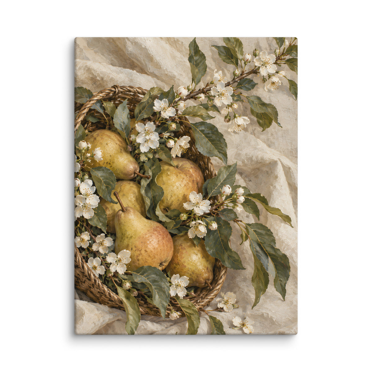 Golden Orchard canvas print, 24 × 32 inches, showing golden pears and white blossoms in a woven basket