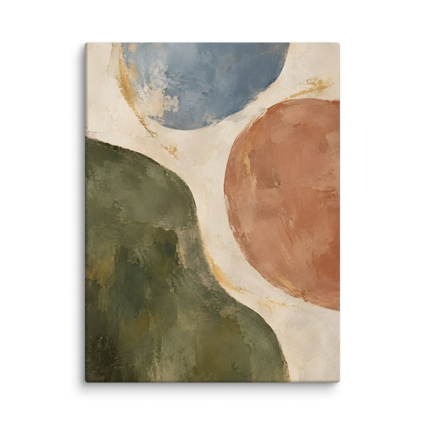 Earthen Balance canvas print, 24 × 32 inches, showing organic forms in olive, clay, blue and cream