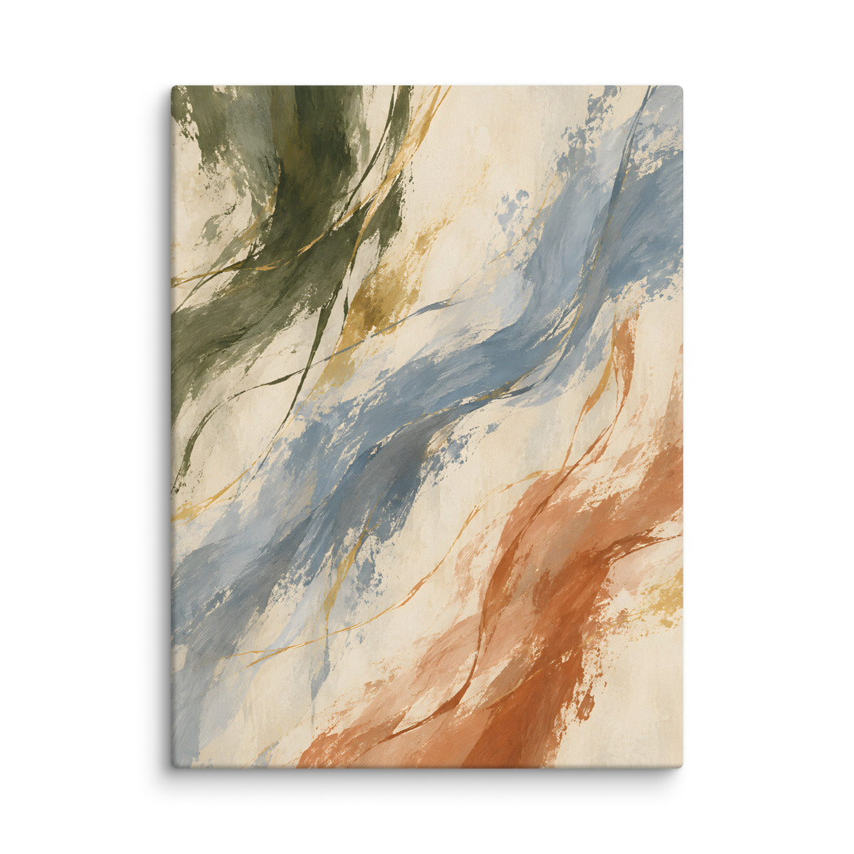 Quiet Current canvas print, 24 × 32 inches, showing flowing strokes in blue, olive, clay and ivory