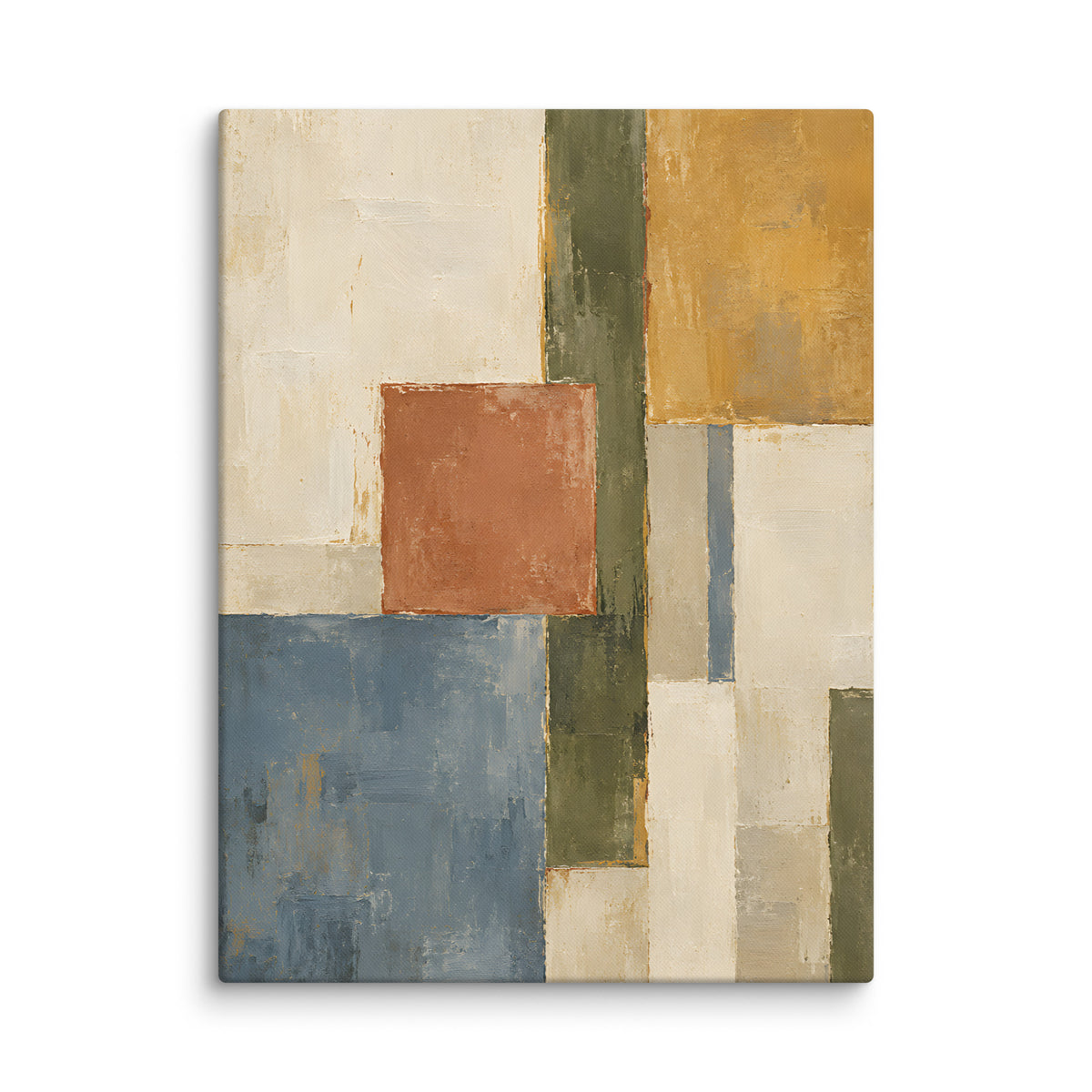 Structured Earth canvas print, 24 × 32 inches, showing geometric blocks in ochre, terracotta, olive and blue