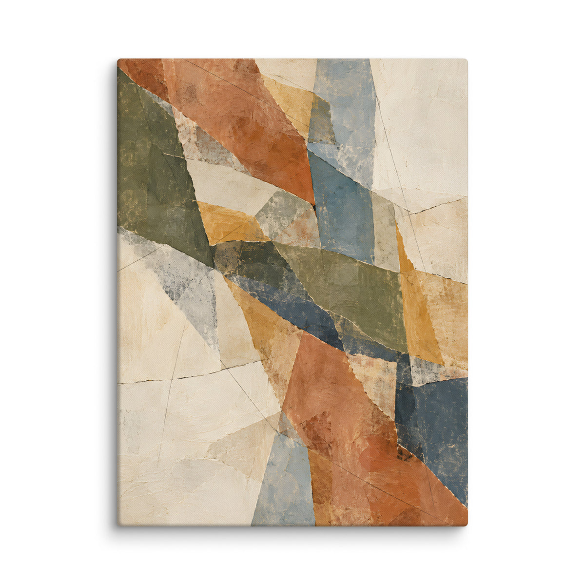 Fragmented Horizon canvas print, 24 × 32 inches, showing intersecting geometric forms in earthy muted colors