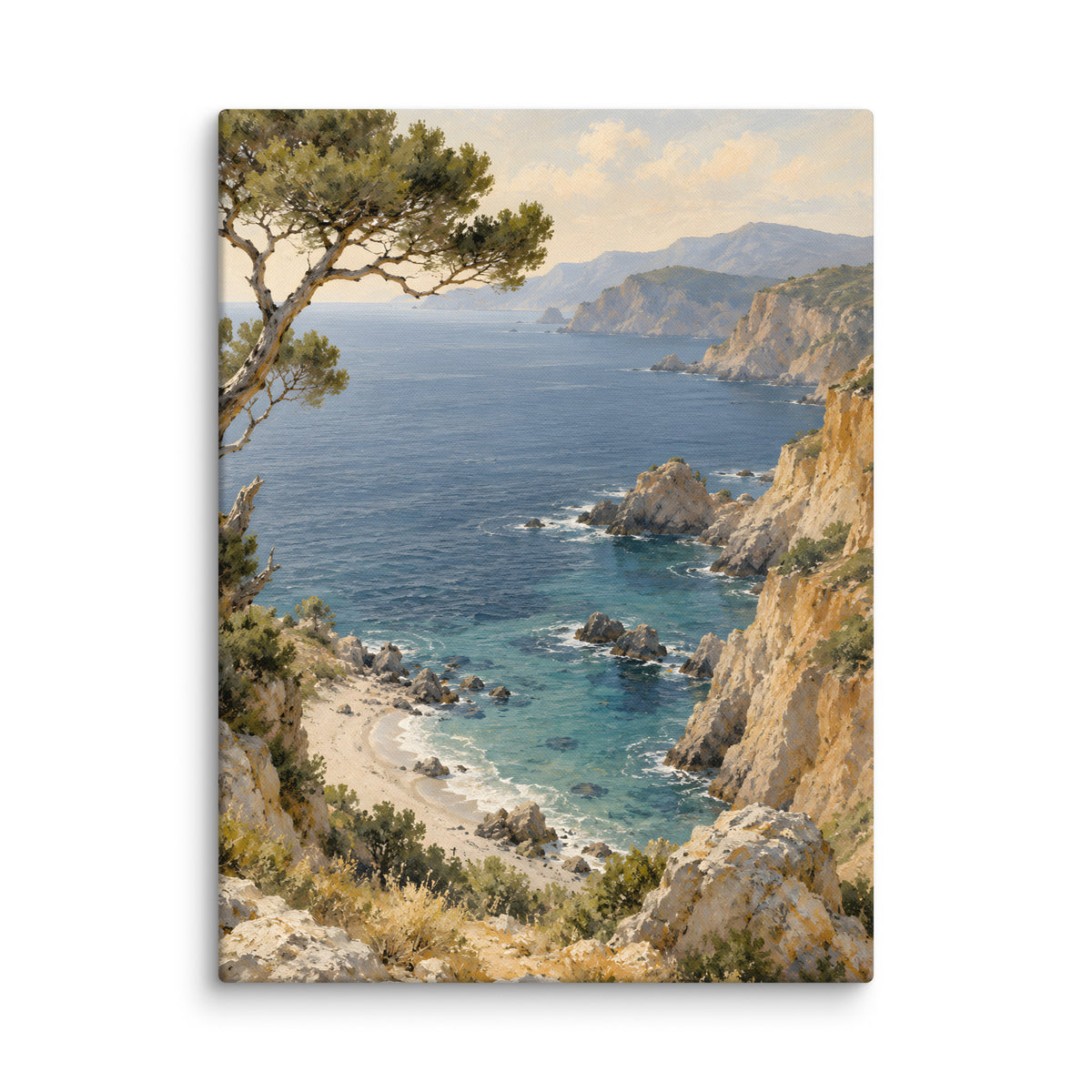 Cove of Pines canvas print, 24 × 32 inches, depicting a wind-bent pine above a turquoise Mediterranean cove.