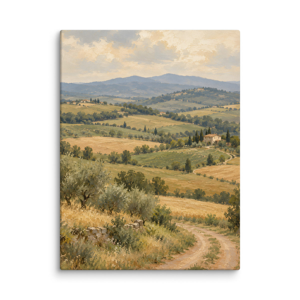 Tuscan Quiet canvas print, 24 × 32 inches, depicting rolling Tuscan fields, cypress trees and a distant farmhouse.