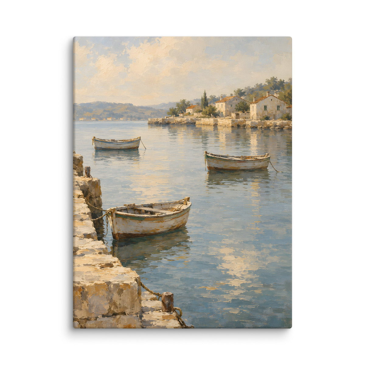 Harbor Stillness canvas print, 24 × 32 inches, depicting wooden boats on calm water beside a Mediterranean village.