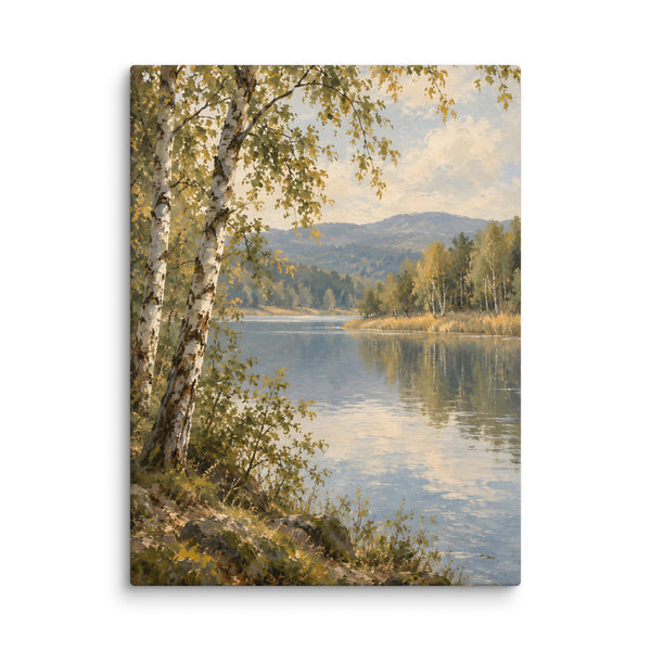 Birchwater Calm canvas print, 24 × 32 inches, depicting birch trees framing a quiet lake and golden foliage.