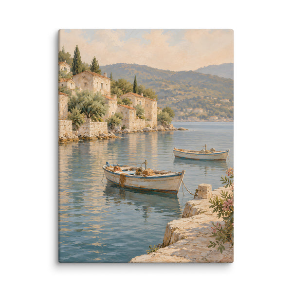 Harbor Hush canvas print, 24 × 32 inches, depicting fishing boats, blue water and sun-washed harbor houses.