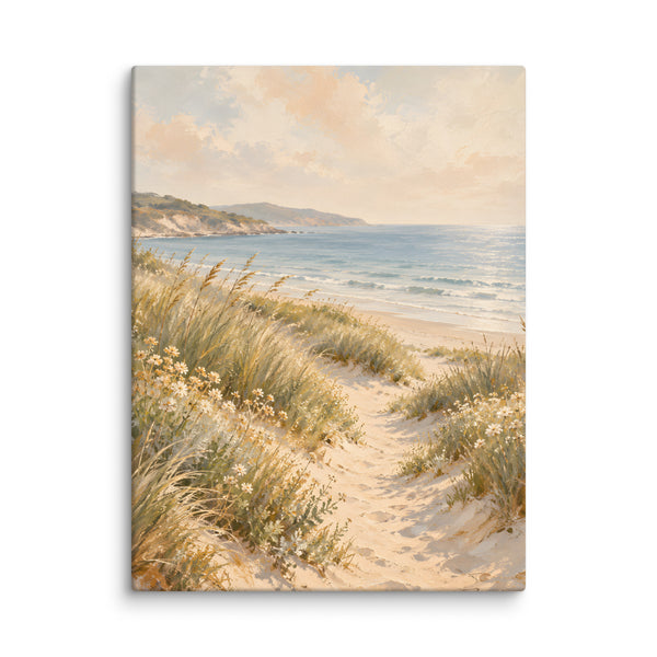 Dune Reverie canvas print, 24 × 32 inches, depicting a sandy path, dune grasses and a calm blue shoreline.