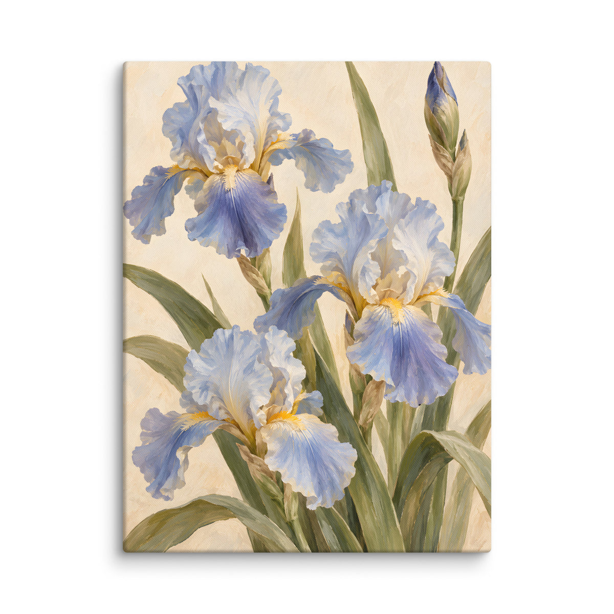 Iris at Dawn canvas print, 24 × 32 inches, depicting blue-violet irises, ivory petals and olive-toned leaves.