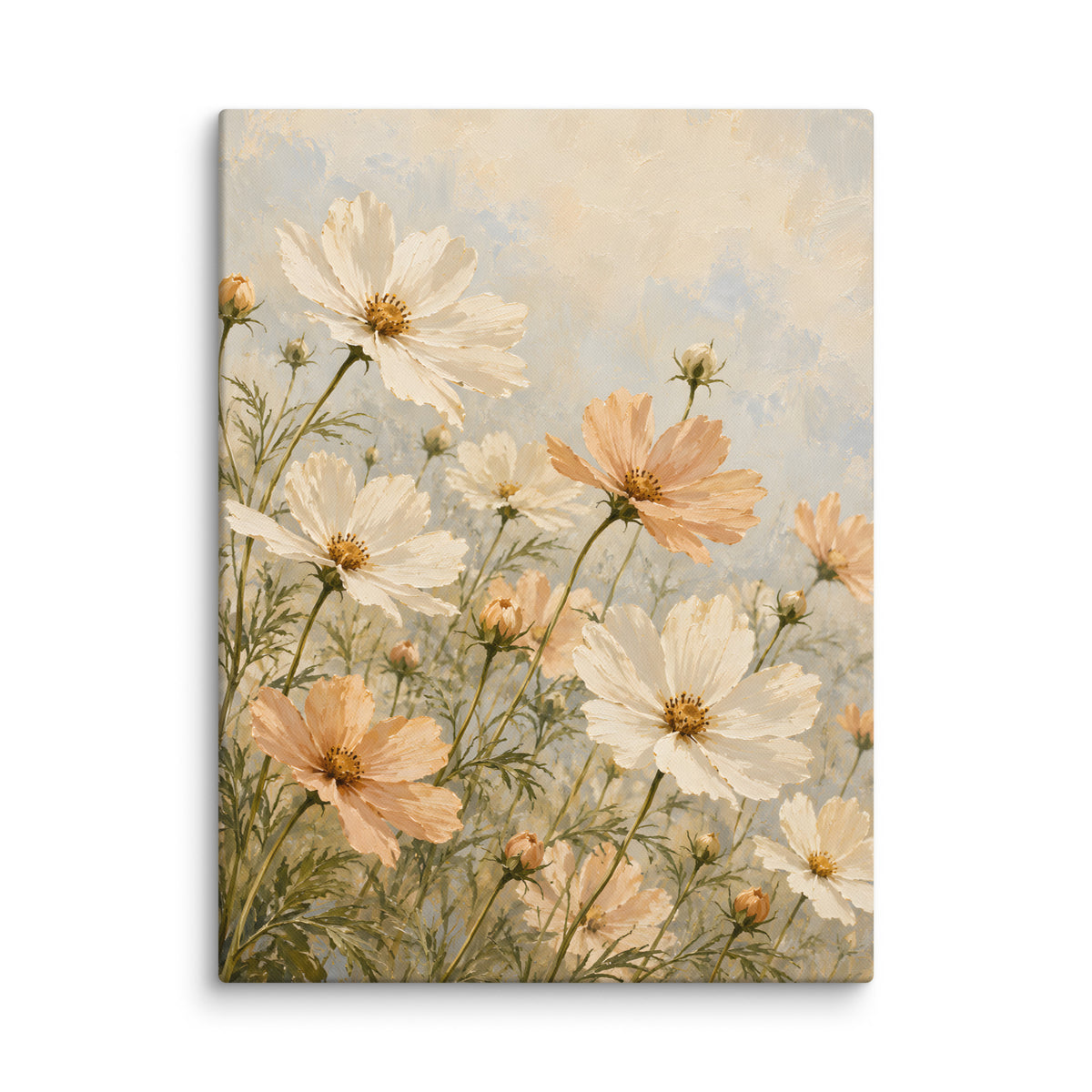 Cosmos Whisper canvas print, 24 × 32 inches, depicting ivory and apricot cosmos flowers against a soft cream background.