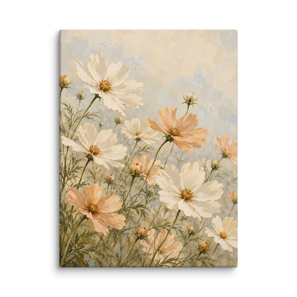 Cosmos Whisper canvas print, 24 × 32 inches, depicting ivory and apricot cosmos flowers against a soft cream background.