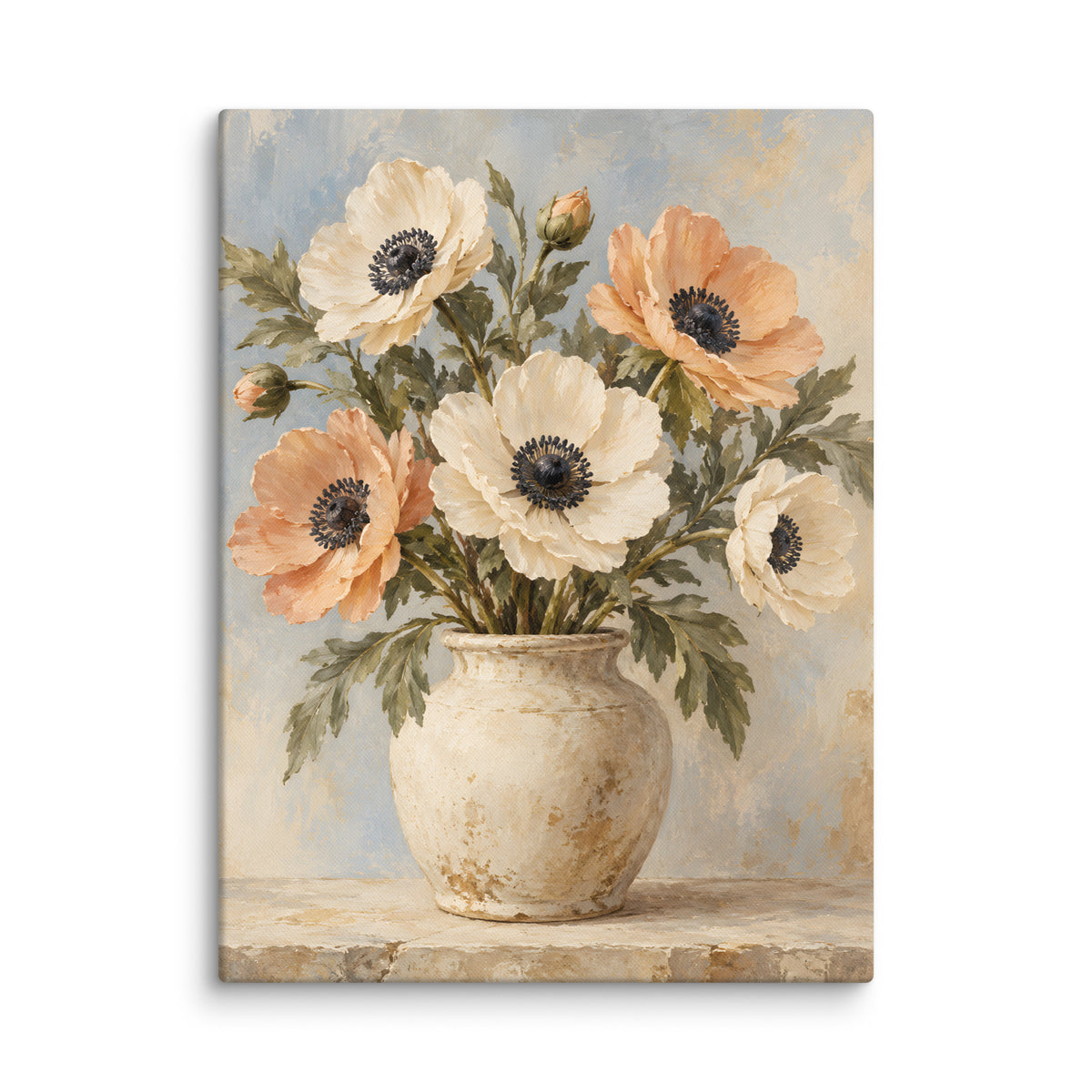 Sunlit Anemones canvas print, 24 × 32 inches, depicting ivory and apricot anemones in a rustic cream vessel.