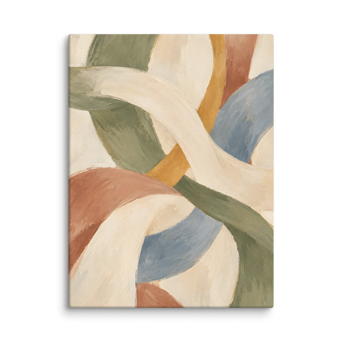 Woven Stillness canvas print, 24 × 32 inches, depicting interwoven curves in olive, clay, dusty blue and ivory.