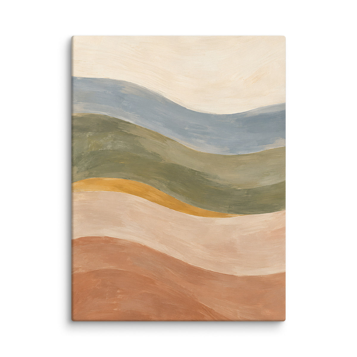 Soft Tides canvas print, 24 × 32 inches, depicting layered abstract waves in dusty blue, olive and warm clay.