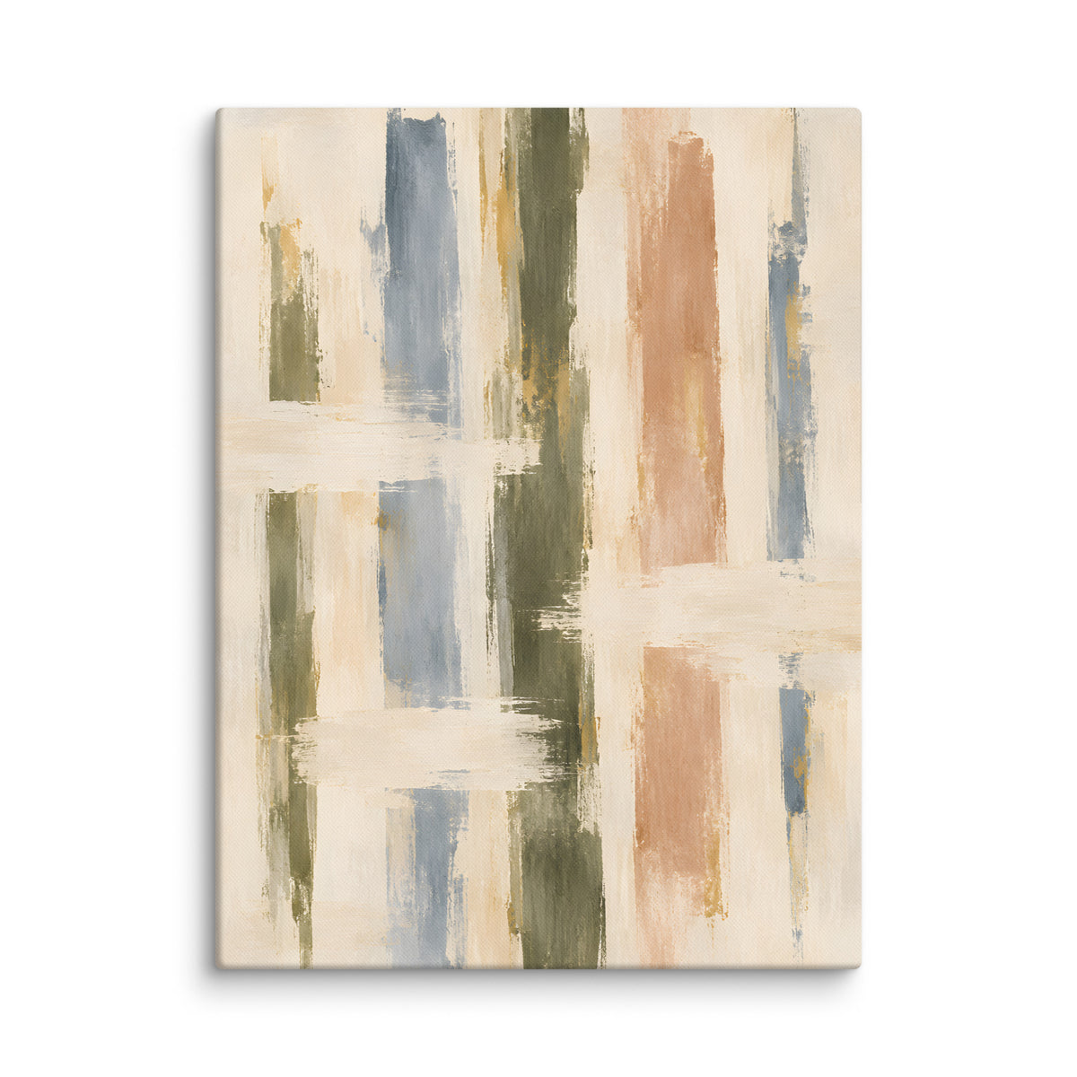 Quiet Intervals canvas print, 24 × 32 inches, depicting textured vertical strokes in olive, dusty blue, clay and ivory.