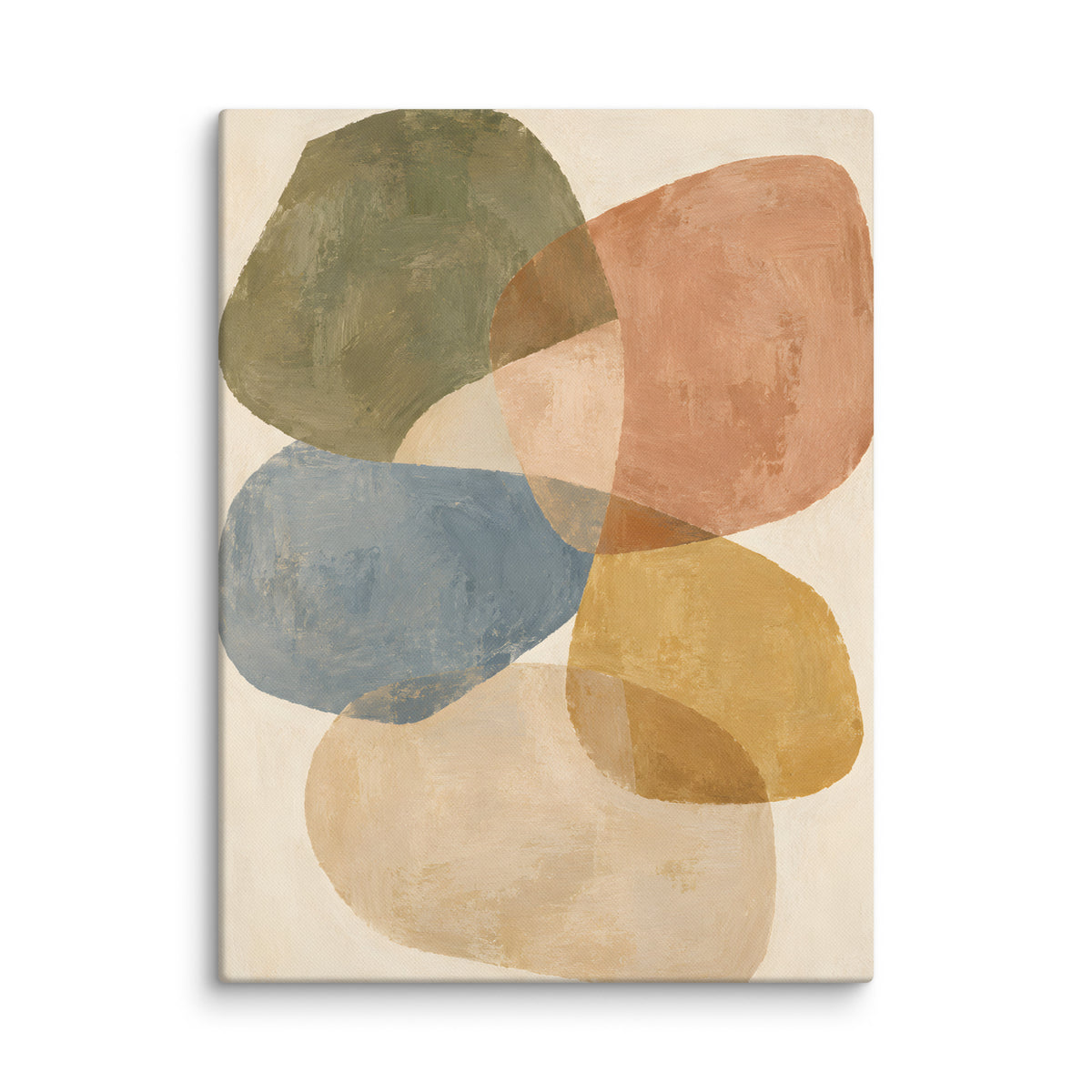 Gathered Earth canvas print, 24 × 32 inches, depicting overlapping organic forms in olive, clay and creamy neutrals.
