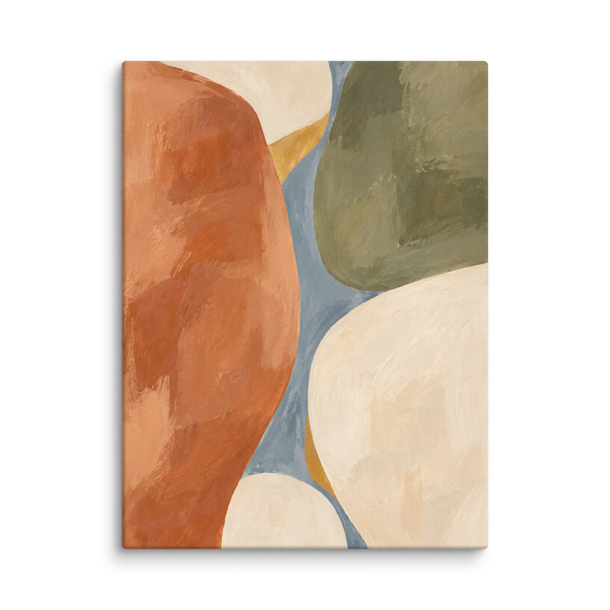 Clay Sonata canvas print, 24 × 32 inches, depicting sculptural organic forms in warm clay, olive and dusty blue.