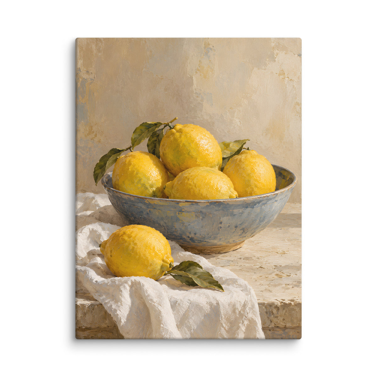 Mediterranean Lemons canvas print, 24 × 32 inches, showing yellow lemons in a blue ceramic bowl on ivory linen