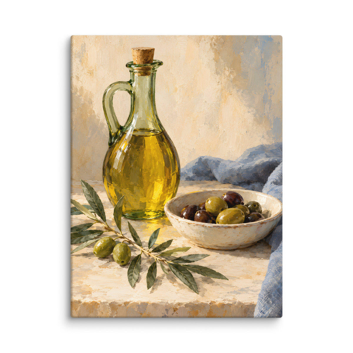 Olive Table canvas print, 24 × 32 inches, showing olive oil, green and dark olives and an olive branch