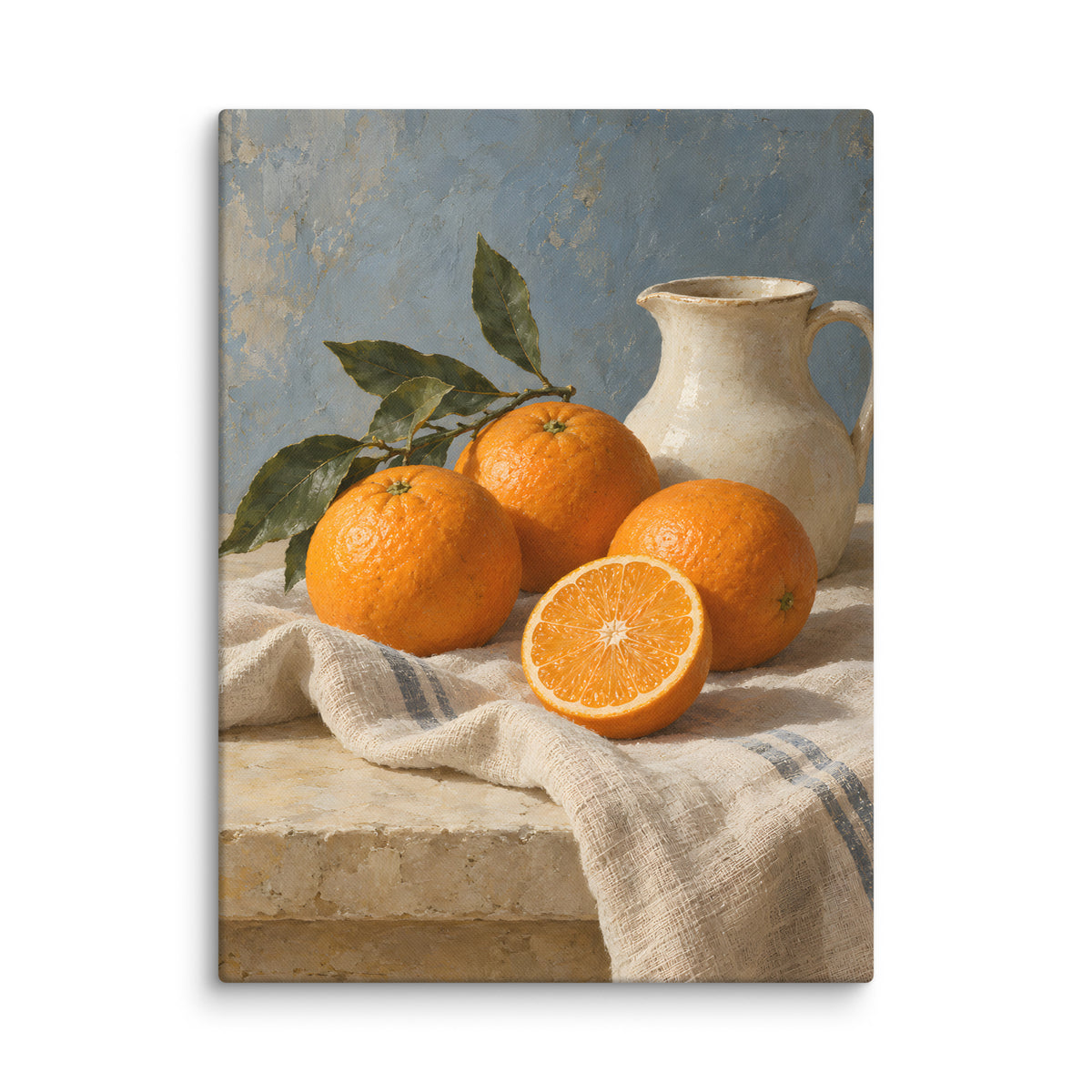 Citrus Table canvas print, 24 × 32 inches, showing ripe oranges, leafy branches and a cream ceramic pitcher