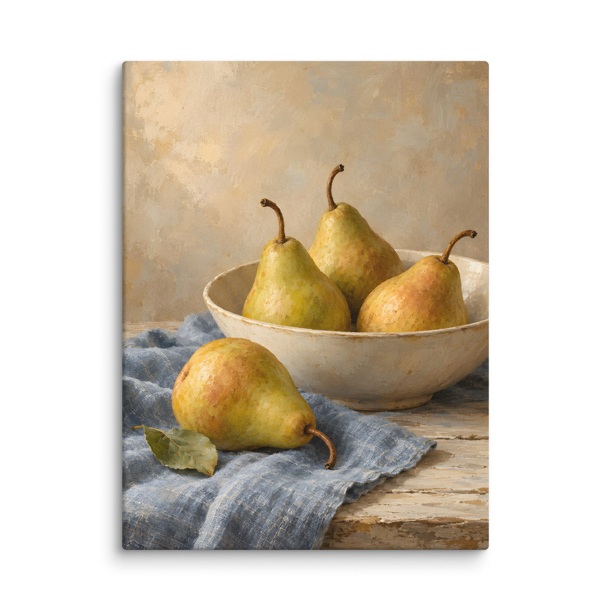 Golden Pears on Blue Linen canvas print, 24 × 32 inches, showing golden pears in a cream bowl on blue linen