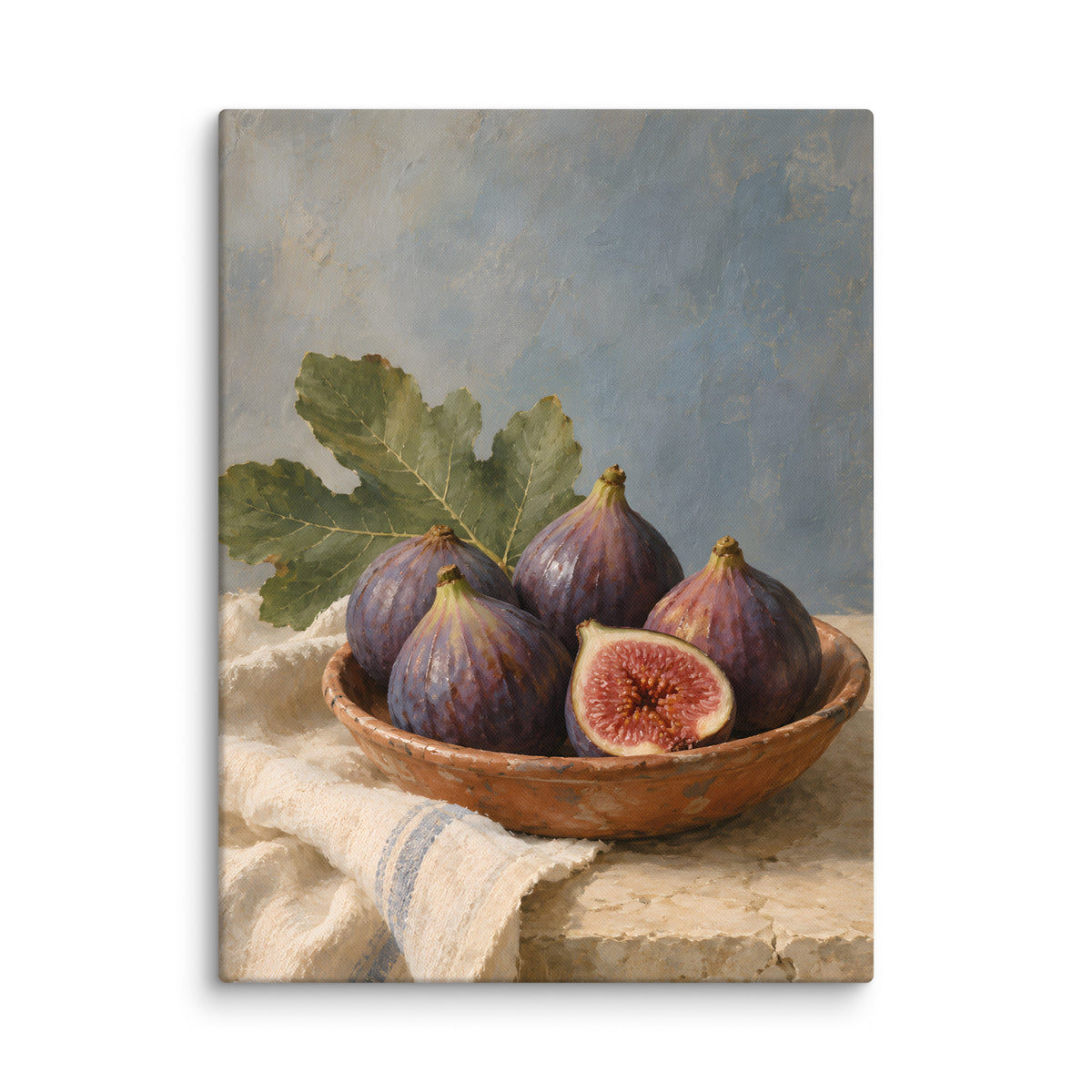 Terracotta Figs on Linen canvas print, 24 × 32 inches, showing purple figs in a terracotta bowl on ivory linen