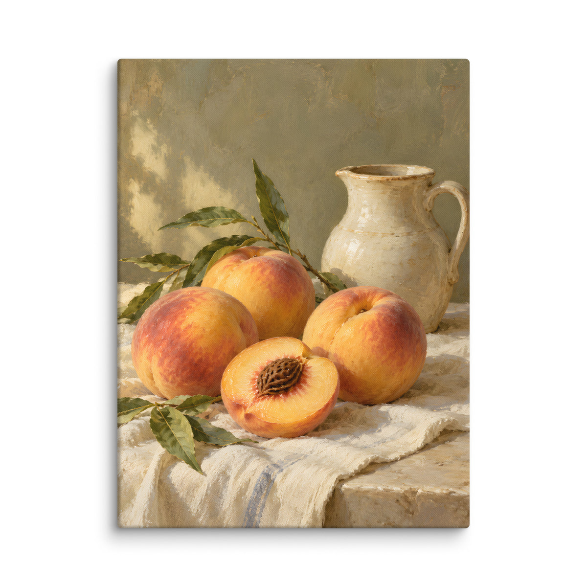 Golden Peaches & Cream canvas print, 24 × 32 inches, showing golden peaches and a cream ceramic pitcher