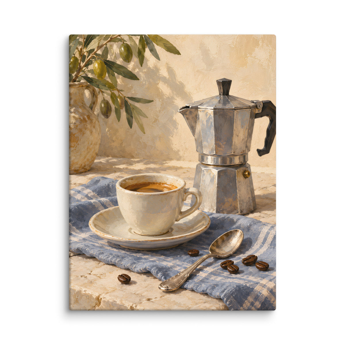 Slow Espresso Morning canvas print, 24 × 32 inches, showing a moka pot, espresso cup and coffee beans on blue linen