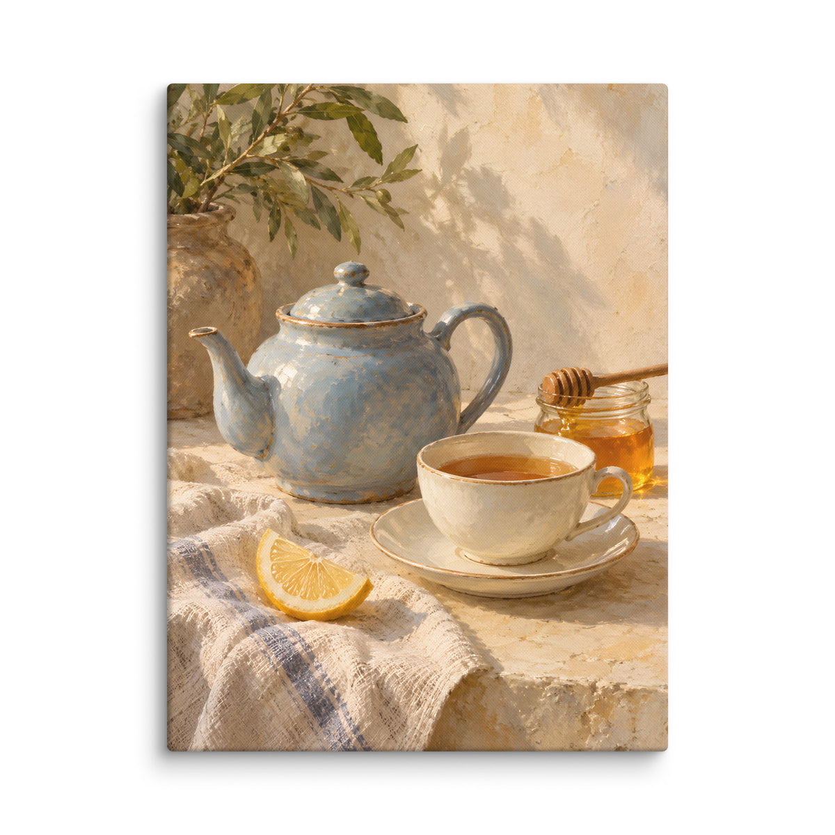 Honeyed Morning Tea canvas print, 24 × 32 inches, showing a blue teapot, cream teacup, honey and lemon