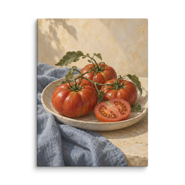 Heirloom Tomatoes on Blue Linen canvas print, 24 × 32 inches, showing red heirloom tomatoes and leafy vines on blue linen