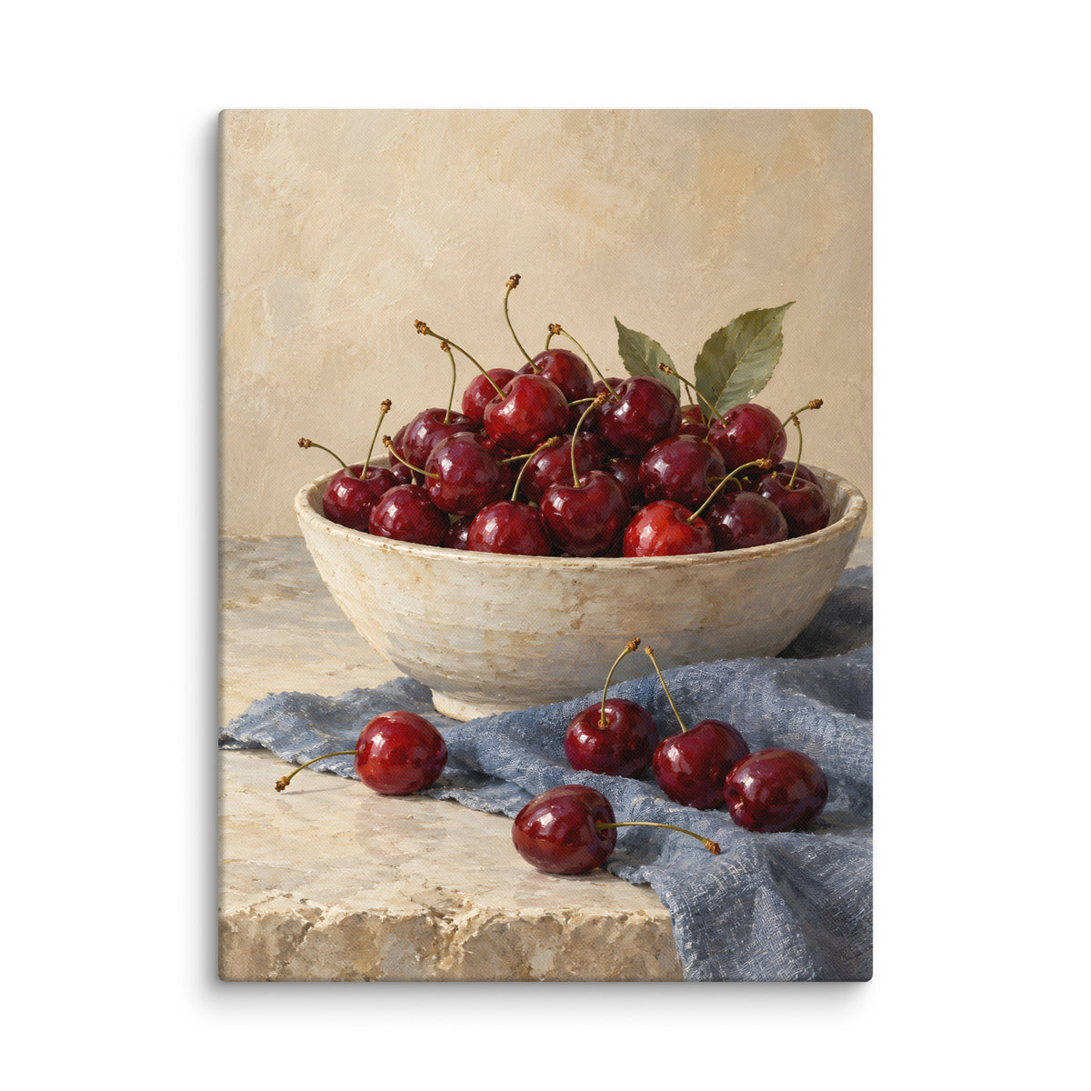 Cherries on Blue Linen canvas print, 24 × 32 inches, showing red cherries in a cream ceramic bowl on blue linen