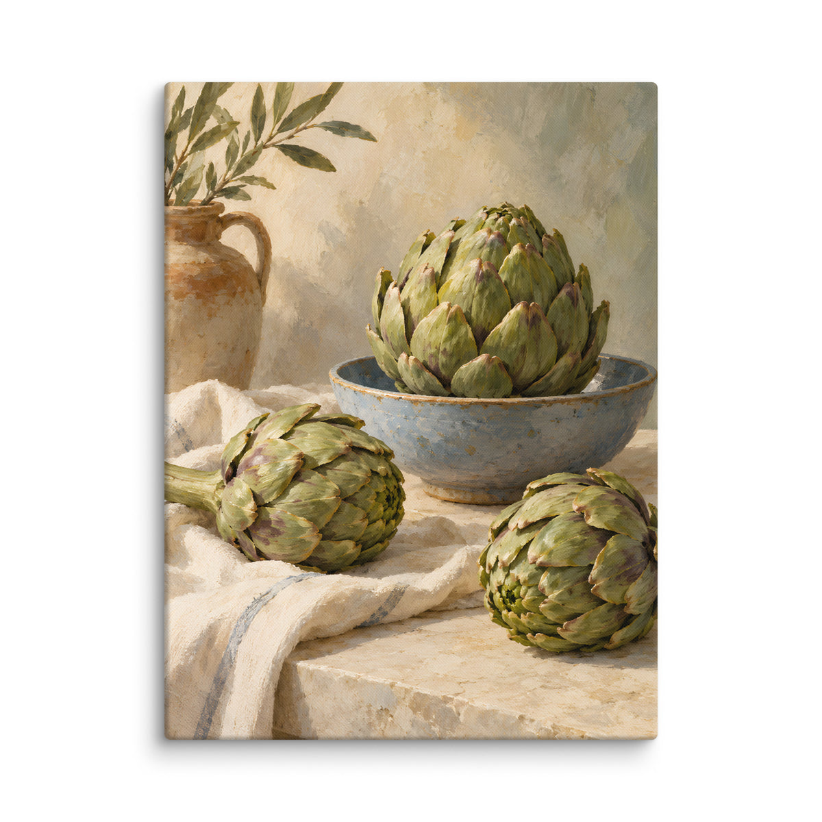Artichokes on Linen canvas print, 24 × 32 inches, showing green artichokes with a blue ceramic bowl and ivory linen