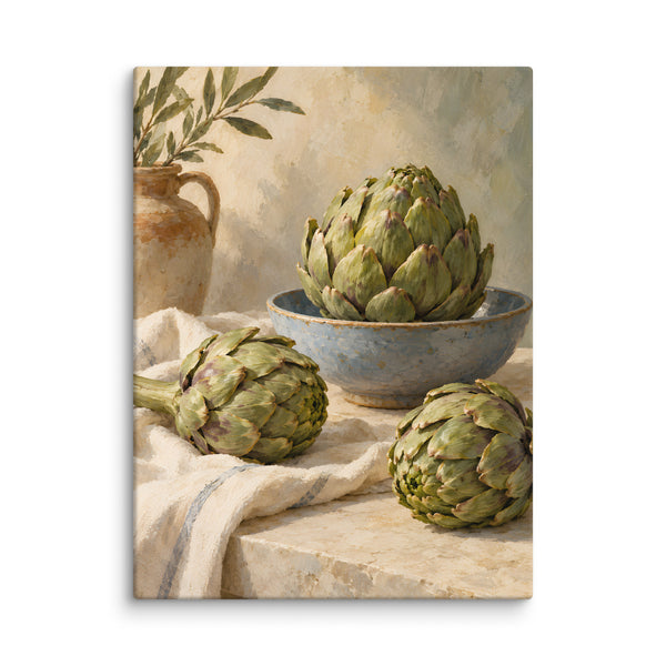 Artichokes on Linen canvas print, 24 × 32 inches, showing green artichokes with a blue ceramic bowl and ivory linen