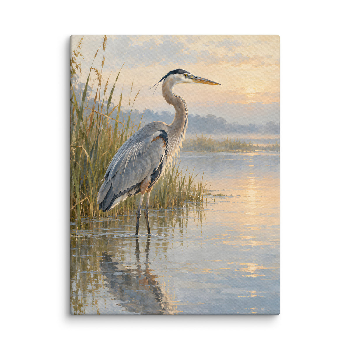 Heron in Morning Mist canvas print, 24 × 32 inches, showing a heron standing in a misty marsh