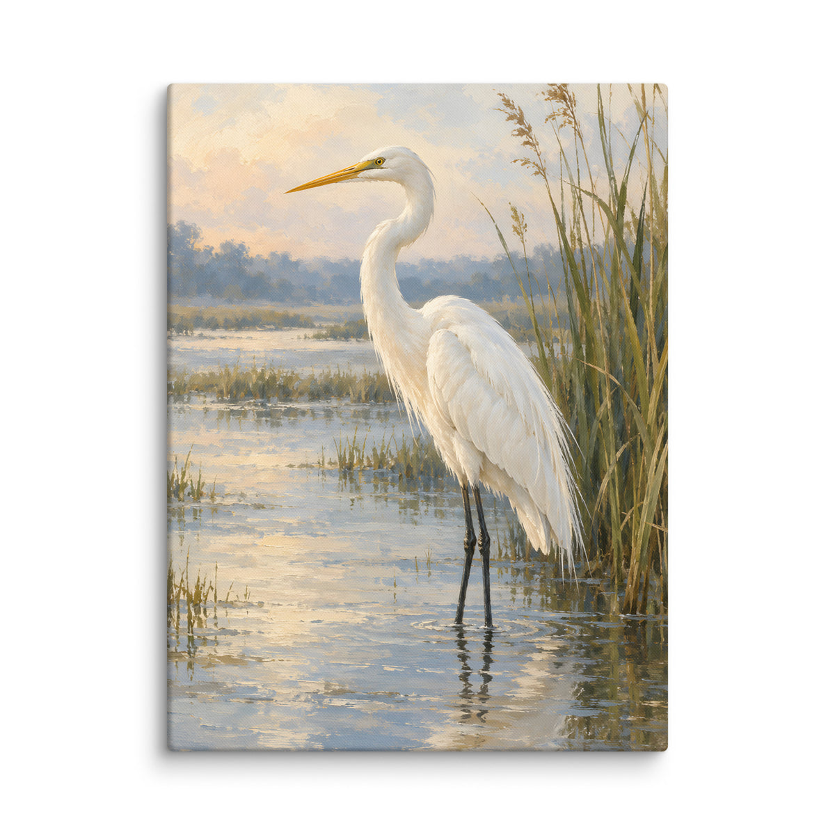 White Egret in the Quiet Marsh canvas print, 24 × 32 inches, showing a white egret among marsh reeds