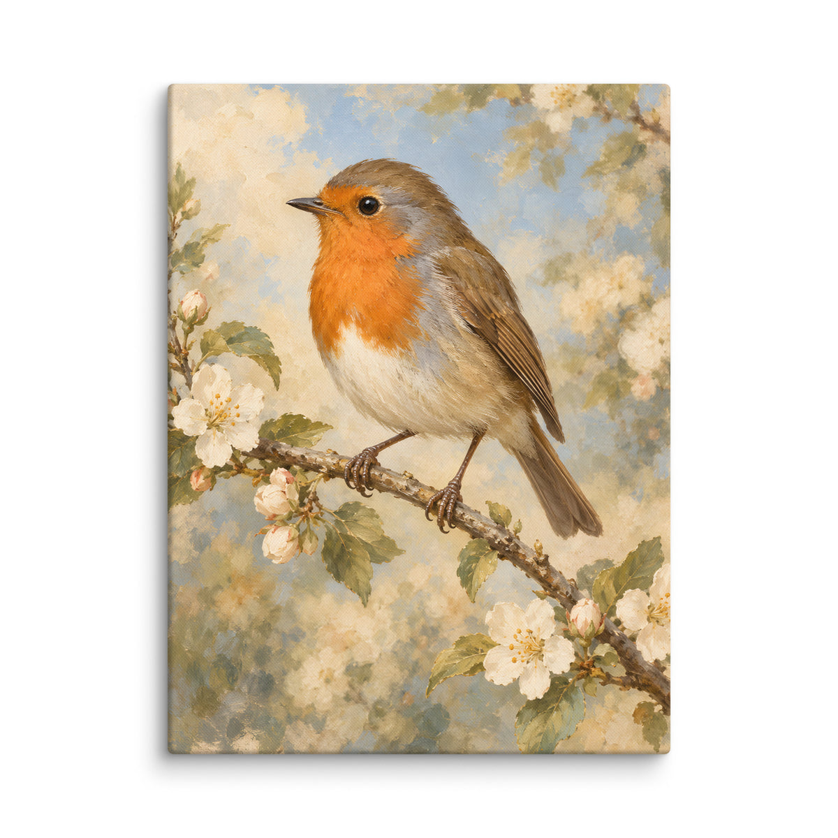 Robin Among Blossoms canvas print, 24 × 32 inches, showing a robin among spring blossoms