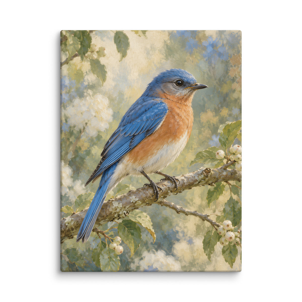 Bluebird on the Garden Branch canvas print, 24 × 32 inches, showing a bluebird perched on a garden branch