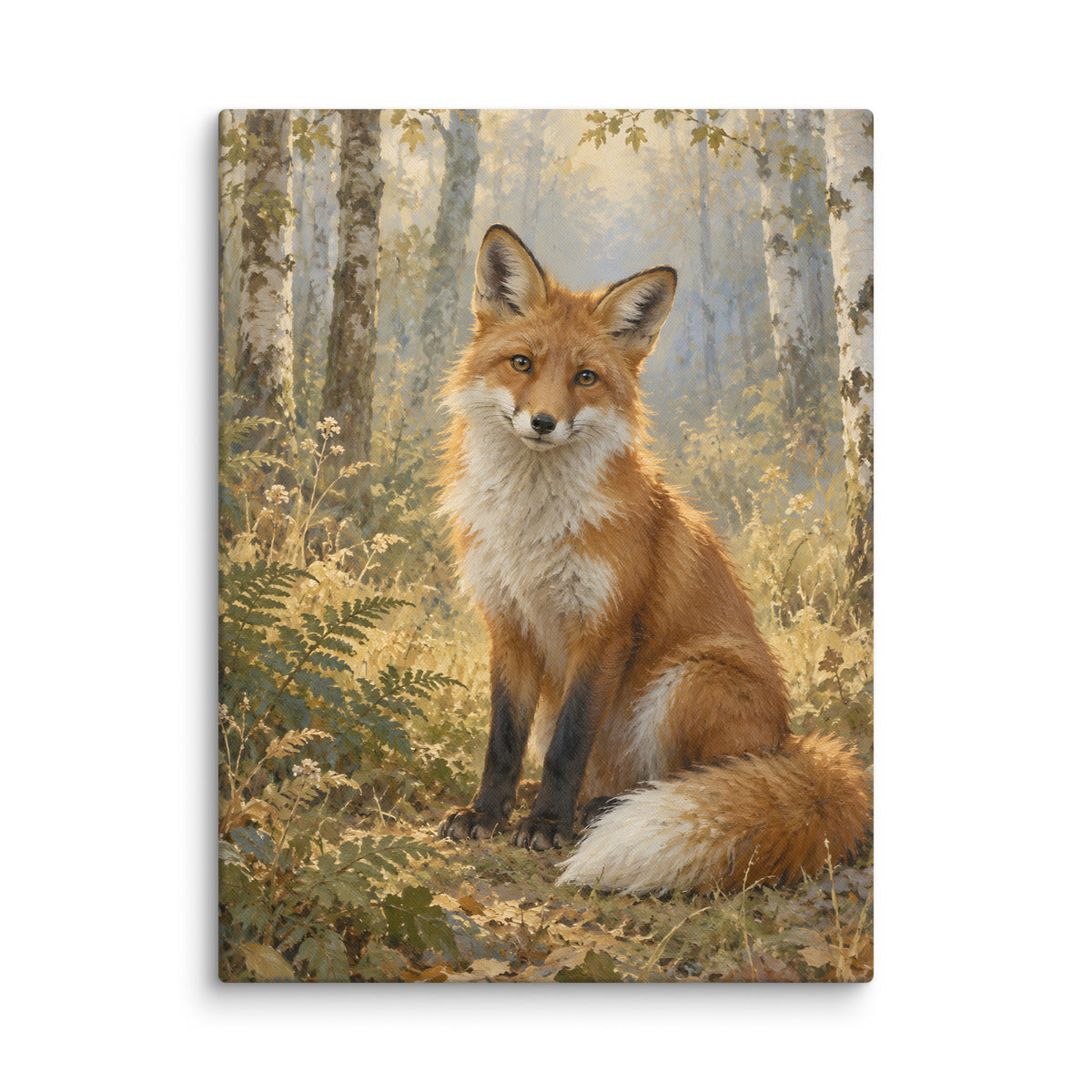 Fox in the Quiet Glade canvas print, 24 × 32 inches, showing a fox resting in a fern-filled glade