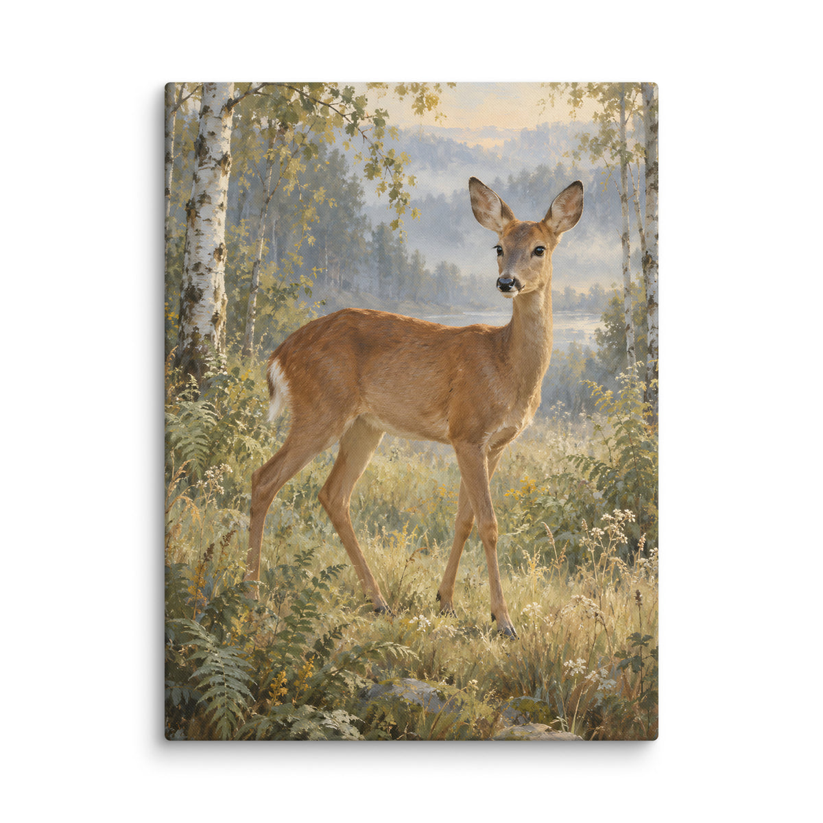 Doe in the Birchwood canvas print, 24 × 32 inches, showing a gentle doe among birch trees